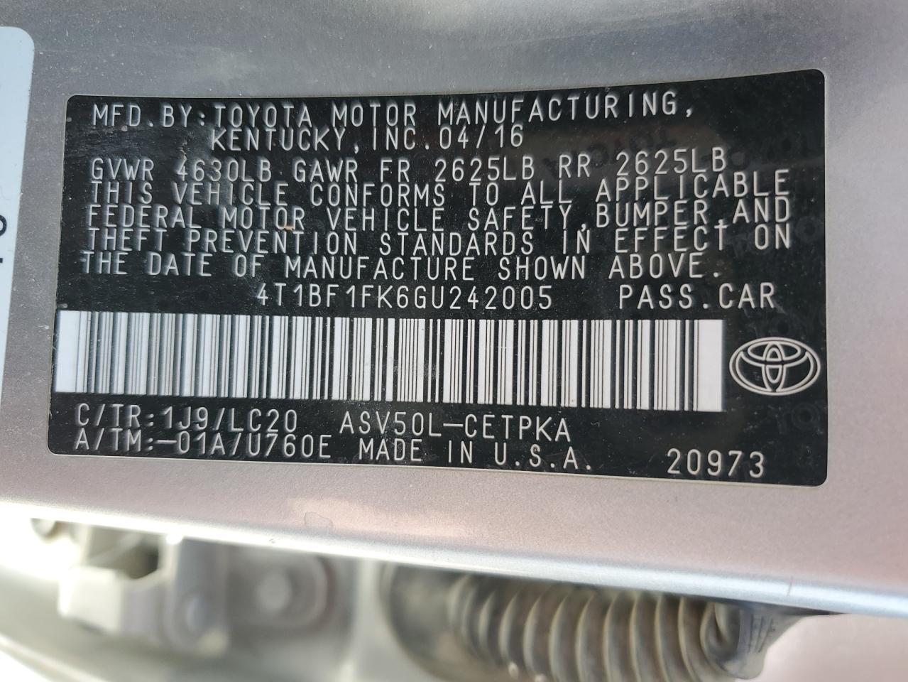 2016 Toyota Camry Le VIN: 4T1BF1FK6GU242005 Lot: 63874615