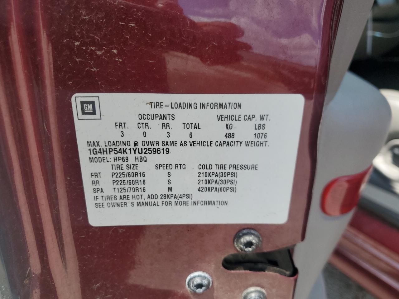 2000 Buick Lesabre Custom VIN: 1G4HP54K1YU259619 Lot: 63613165