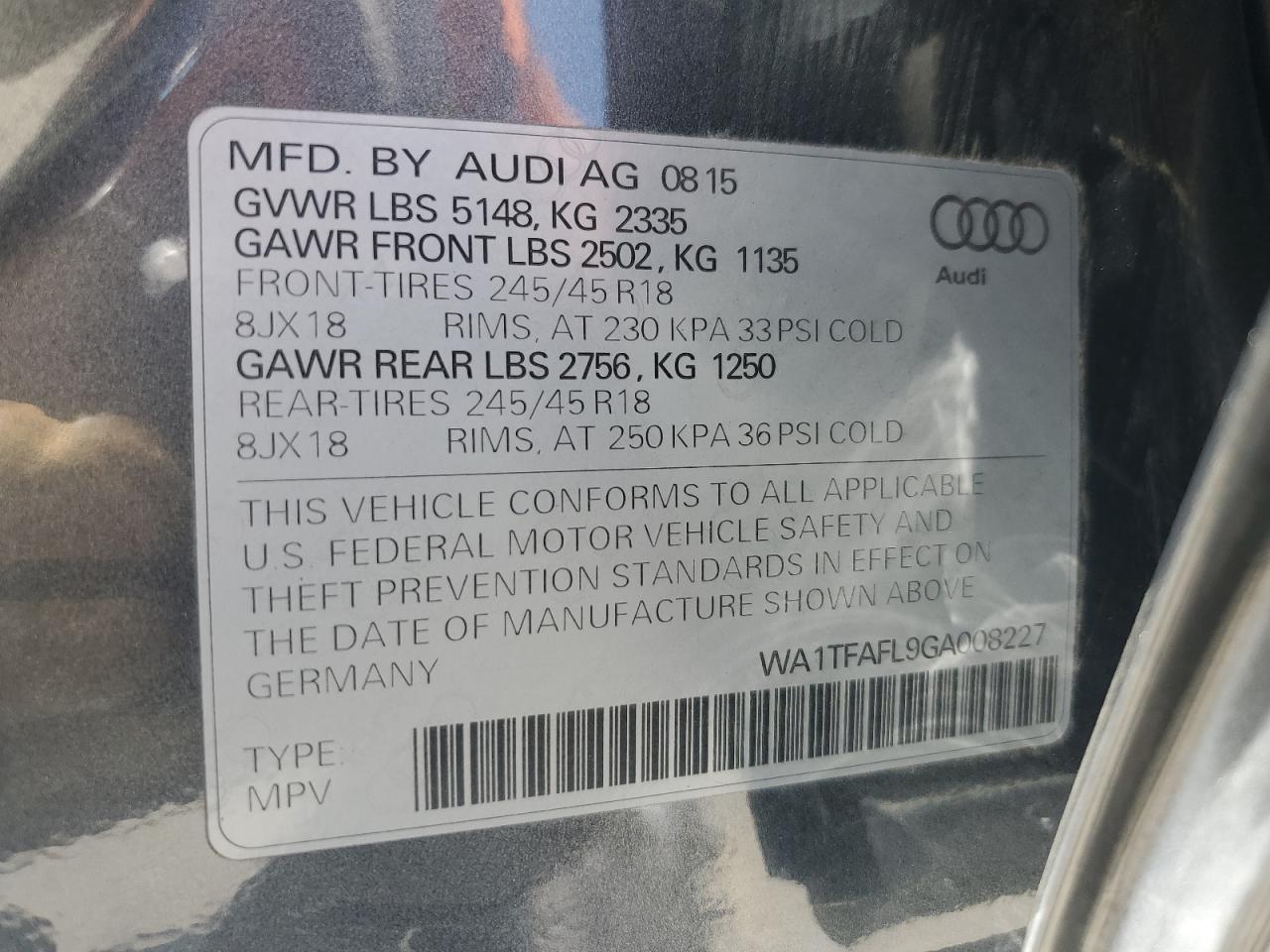 2016 Audi A4 Allroad Premium VIN: WA1TFAFL9GA008227 Lot: 63605495