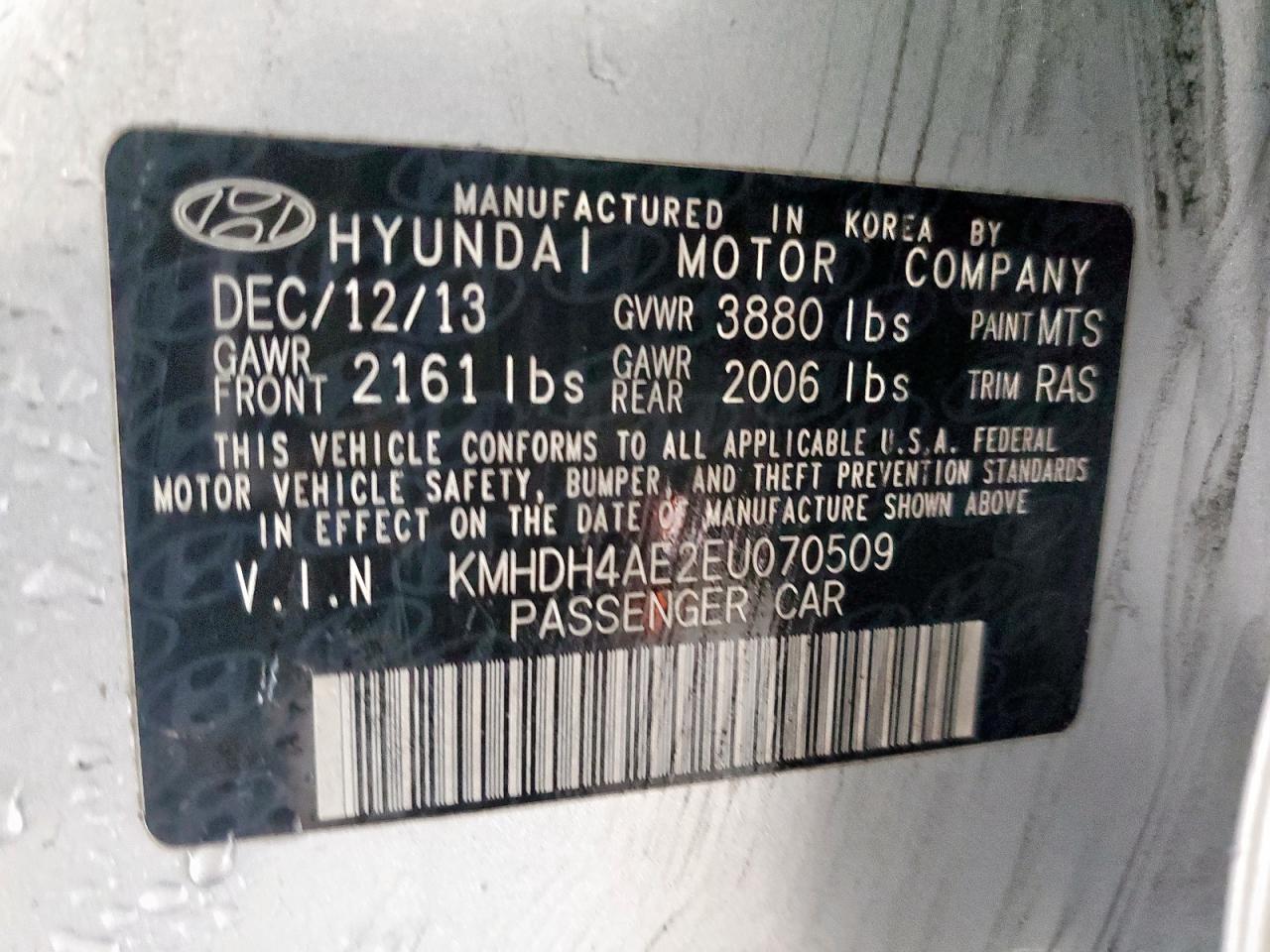 2014 Hyundai Elantra Se VIN: KMHDH4AE2EU070509 Lot: 63008055