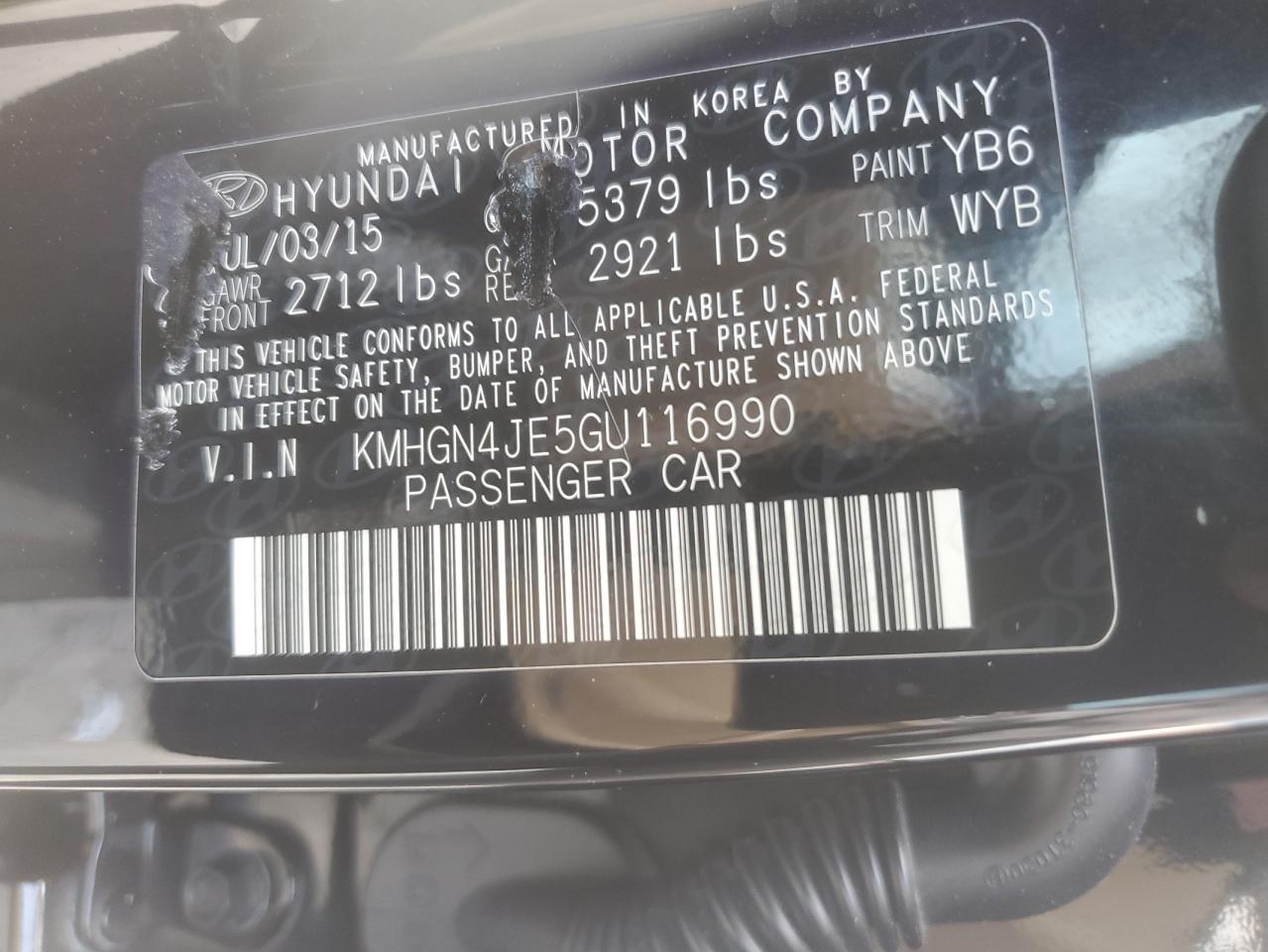 2016 Hyundai Genesis 3.8L VIN: KMHGN4JE5GU116990 Lot: 62111465