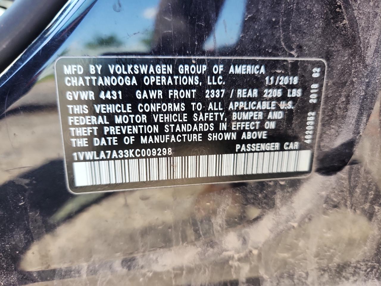 2019 Volkswagen Passat Wolfsburg VIN: 1VWLA7A33KC009298 Lot: 59397495
