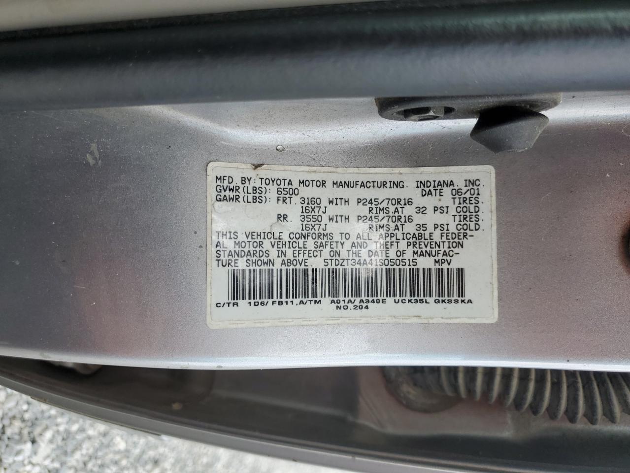 2001 Toyota Sequoia Sr5 VIN: 5TDZT34A41S050515 Lot: 65526115