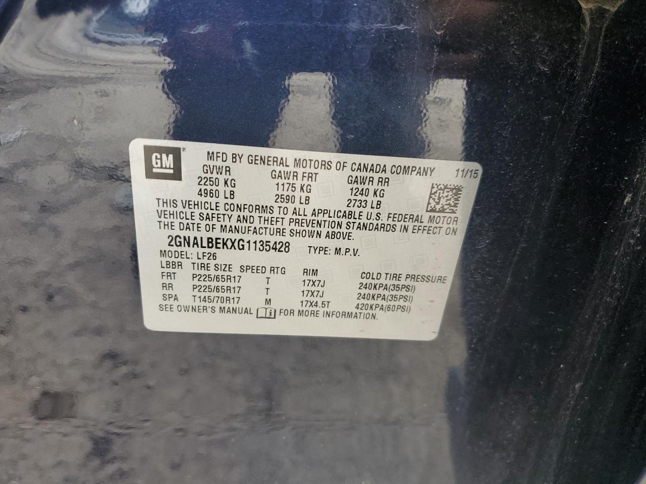 2016 Chevrolet Equinox Ls VIN: 2GNALBEKXG1135428 Lot: 64278625