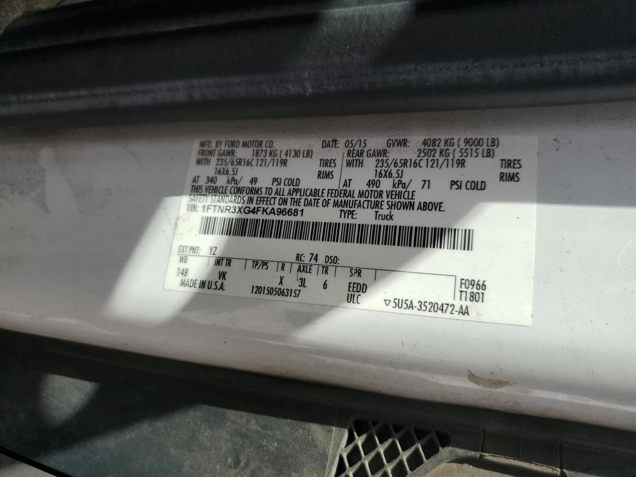 2015 Ford Transit T-250 VIN: 1FTNR3XG4FKA96681 Lot: 62611445