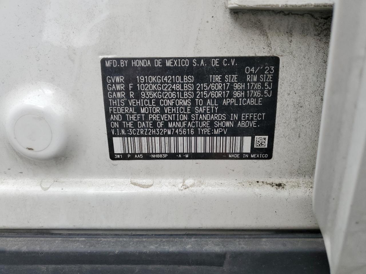 2023 Honda Hr-V Lx VIN: 3CZRZ2H32PM745616 Lot: 64038295