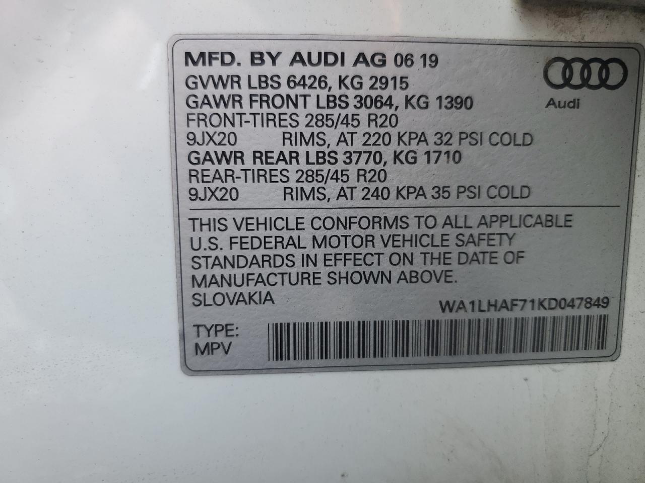 2019 Audi Q7 Premium Plus VIN: WA1LHAF71KD047849 Lot: 64418045