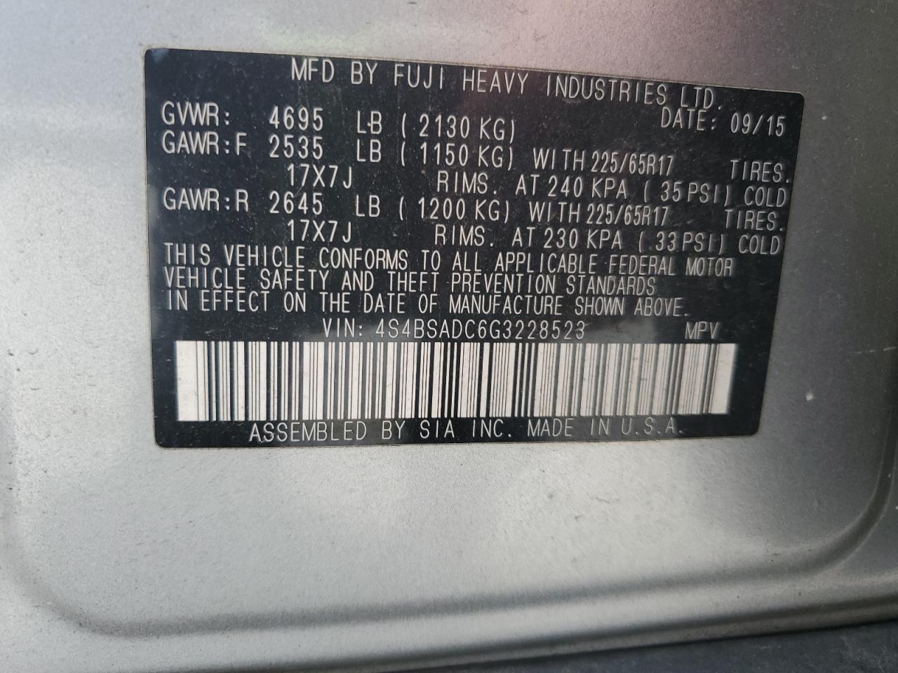 2016 Subaru Outback 2.5I Premium VIN: 4S4BSADC6G3228523 Lot: 64184185