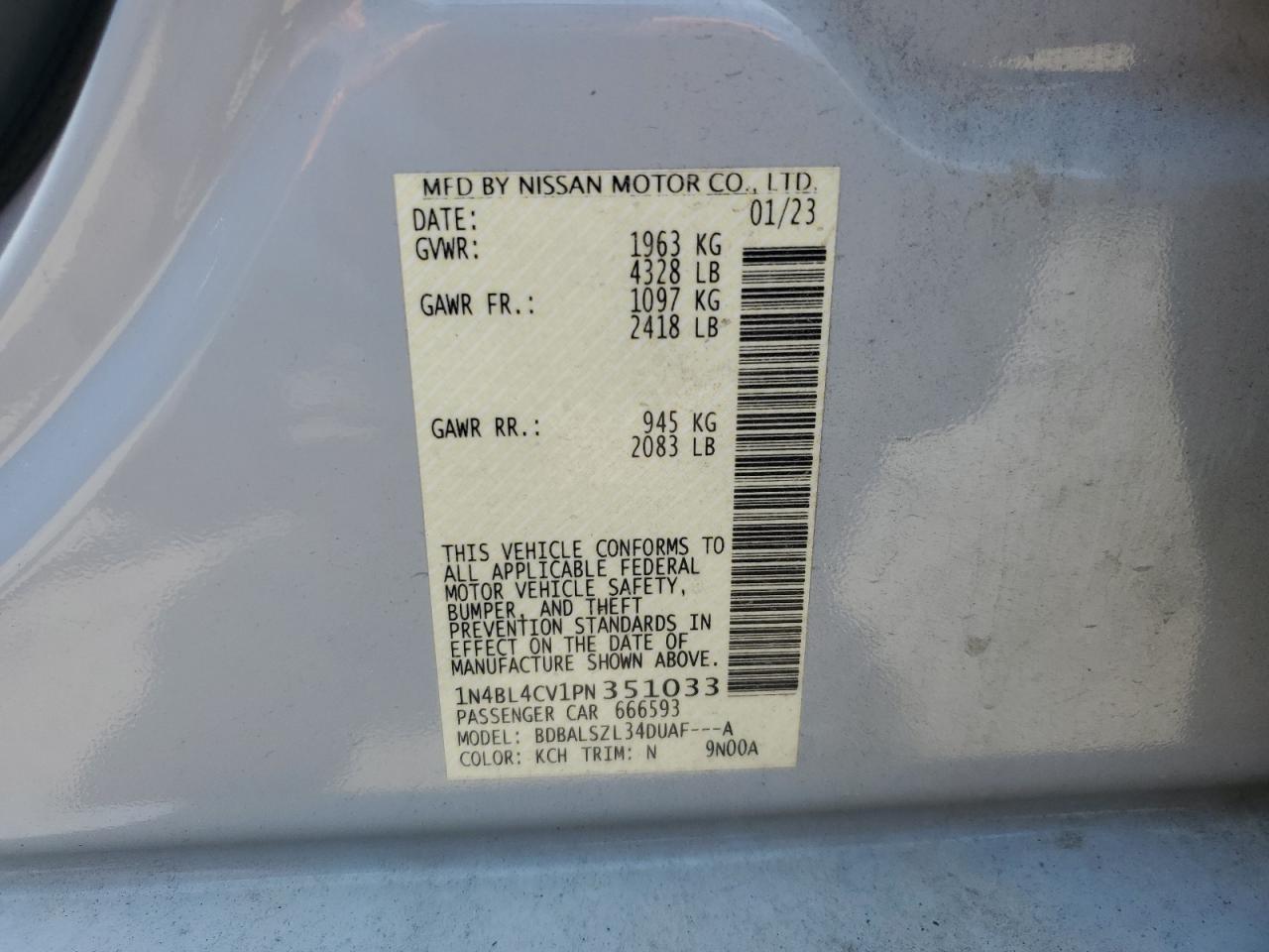 2023 Nissan Altima Sr VIN: 1N4BL4CV1PN351033 Lot: 63437805