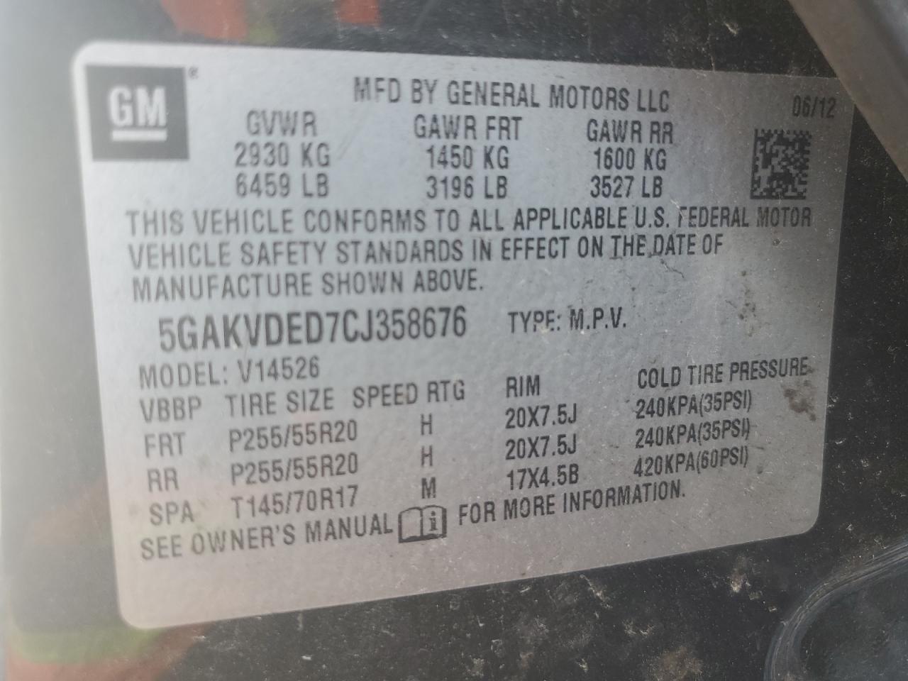 2012 Buick Enclave VIN: 5GAKVDED7CJ358676 Lot: 64452555