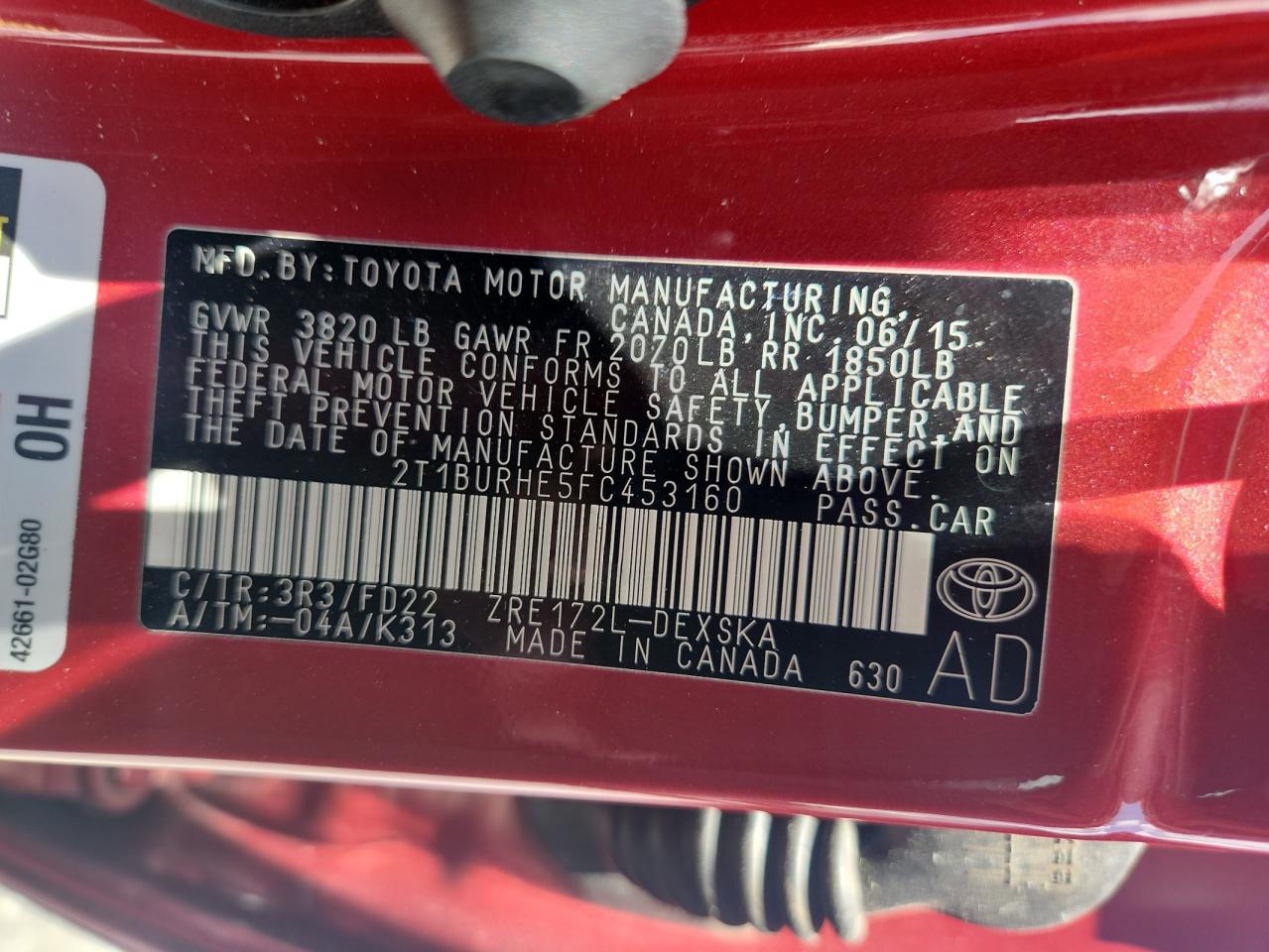 2015 Toyota Corolla L VIN: 2T1BURHE5FC453160 Lot: 63728125