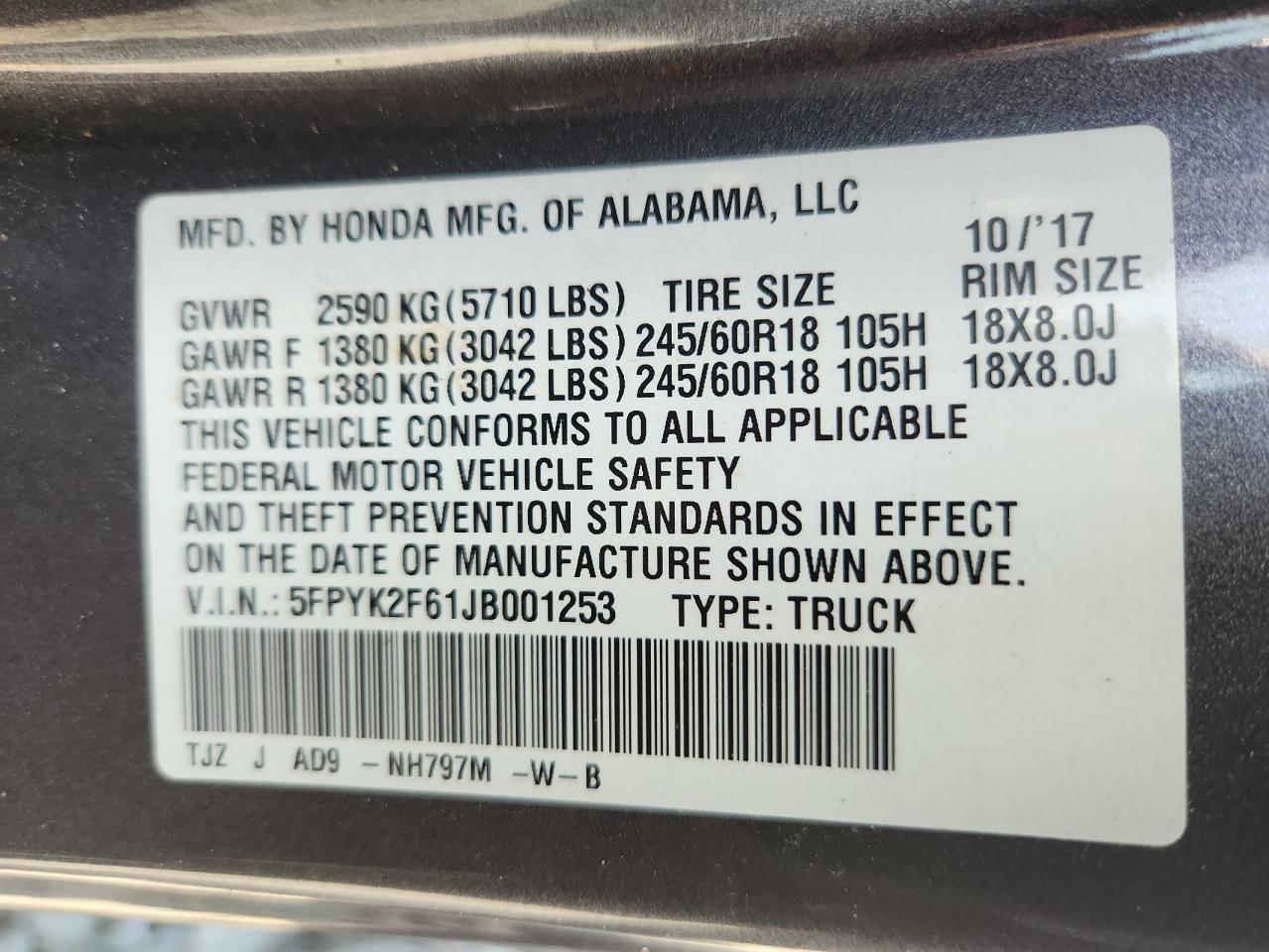 2018 Honda Ridgeline Rtl VIN: 5FPYK2F61JB001253 Lot: 64639555