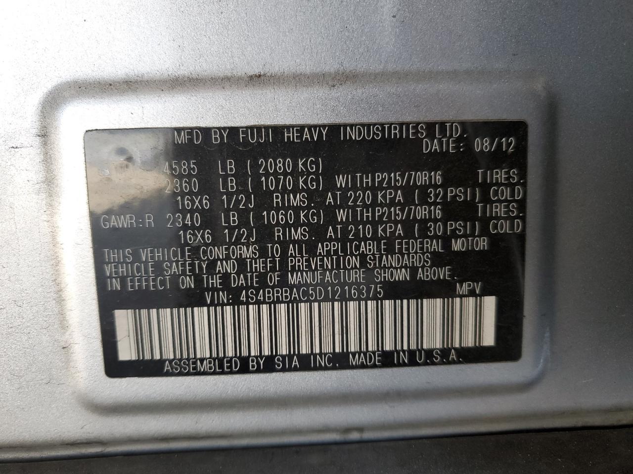 2013 Subaru Outback 2.5I VIN: 4S4BRBAC5D1216375 Lot: 64309065