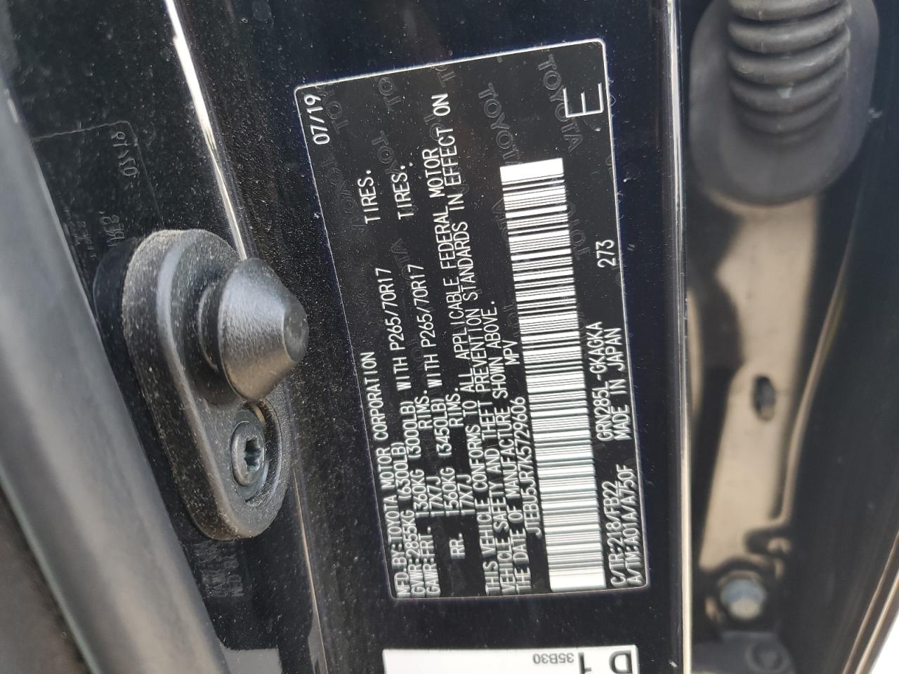 2019 Toyota 4Runner Sr5/Sr5 Premium VIN: JTEBU5JR7K5729606 Lot: 63665955