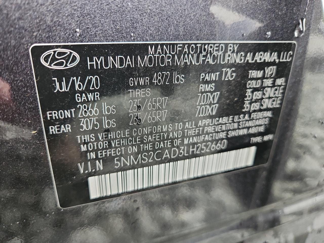 2020 Hyundai Santa Fe Se VIN: 5NMS2CAD3LH252660 Lot: 62877785