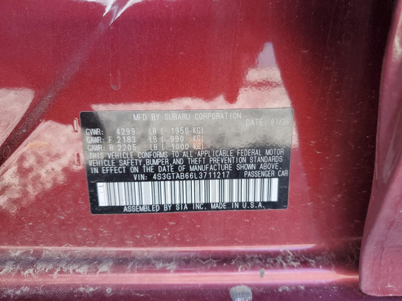 2020 Subaru Impreza VIN: 4S3GTAB66L3711217 Lot: 65814275