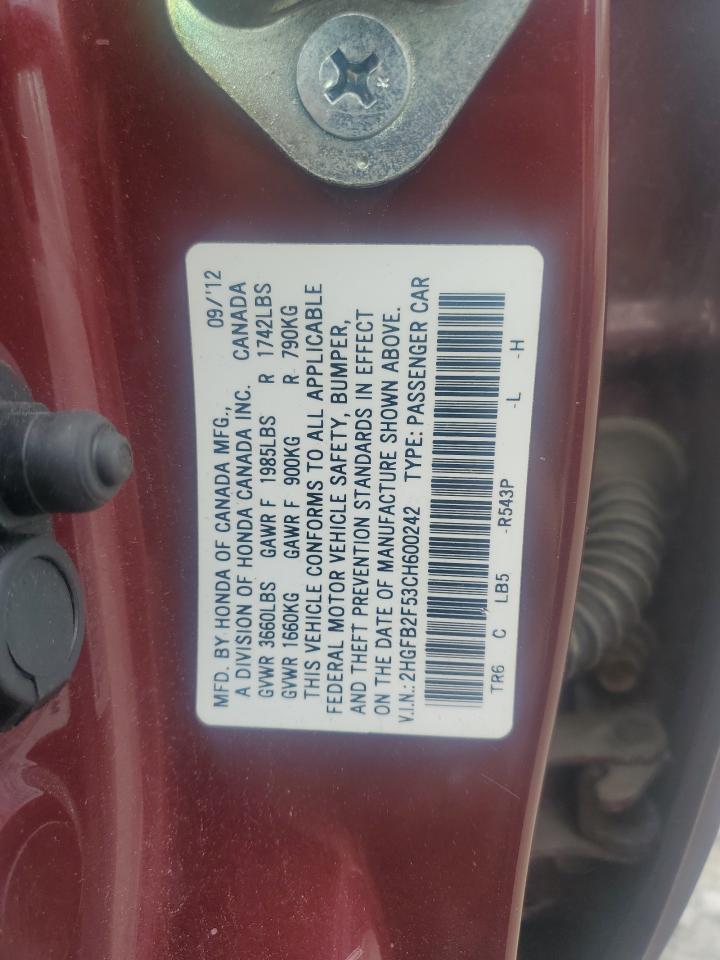 2012 Honda Civic Lx VIN: 2HGFB2F53CH600242 Lot: 64273565