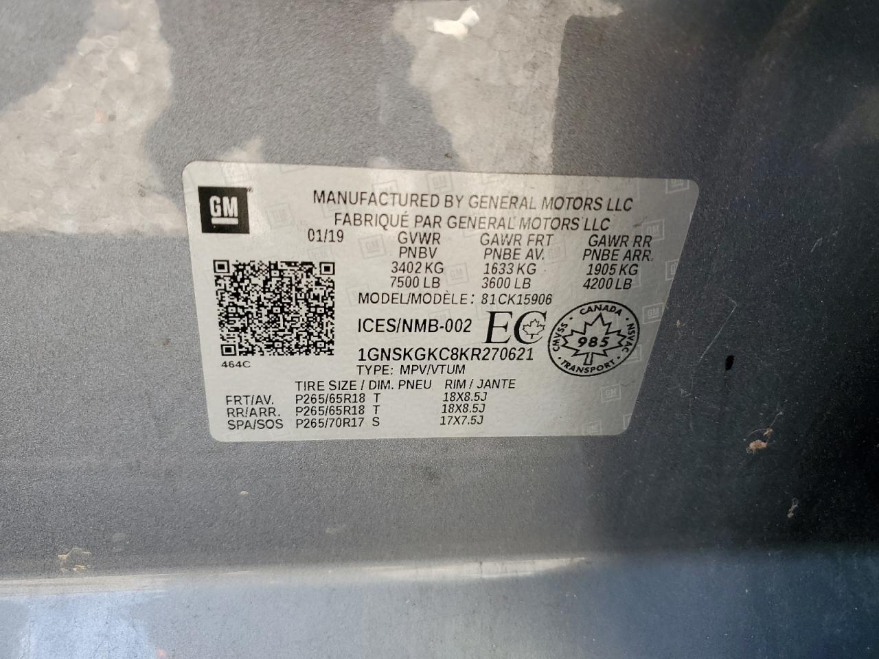 1gnskgkc8kr270621 1GNSKGKC8KR270621 2019 Chevrolet Suburban K1500 Ls