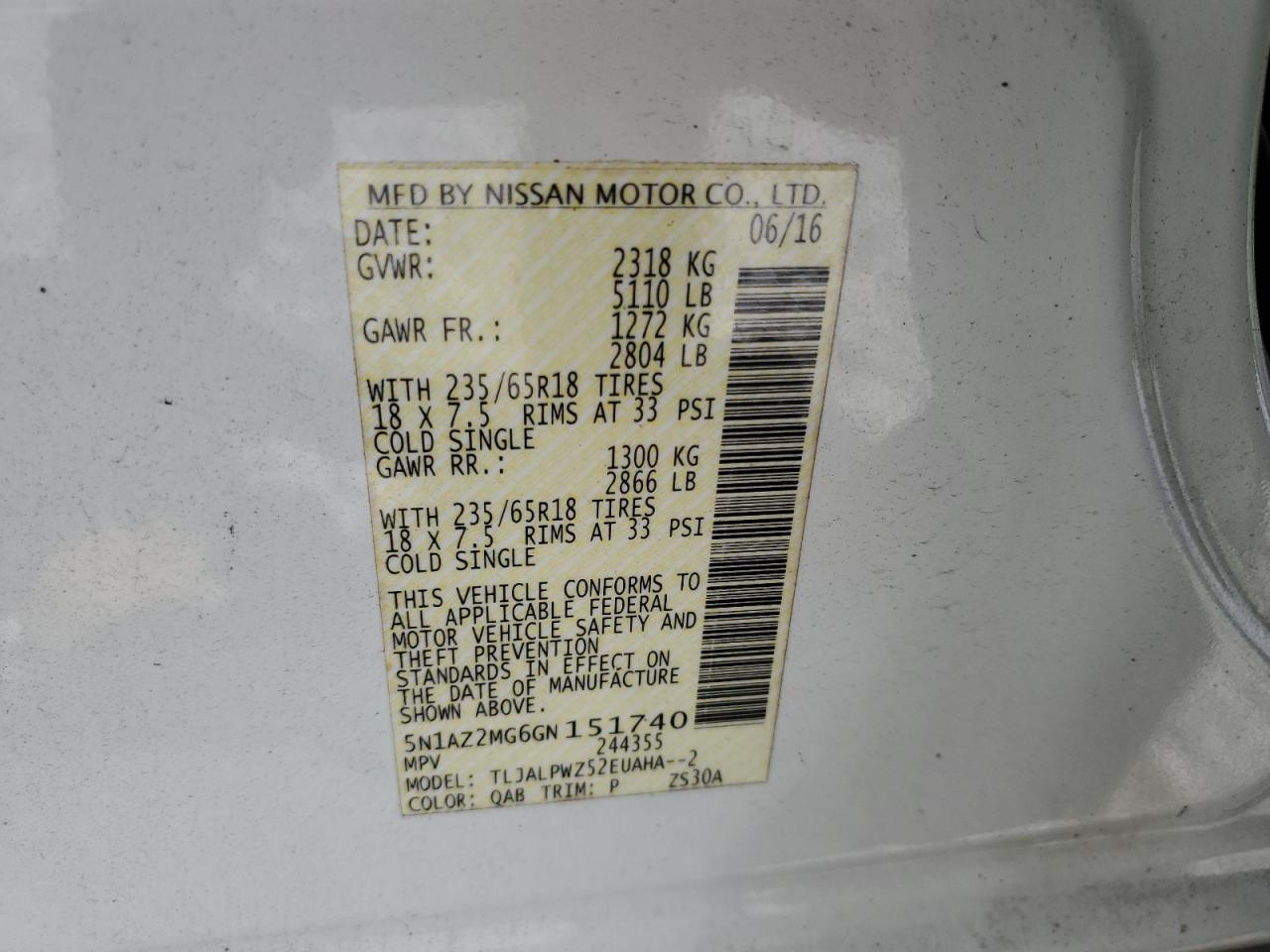 2016 Nissan Murano S VIN: 5N1AZ2MG6GN151740 Lot: 64884955