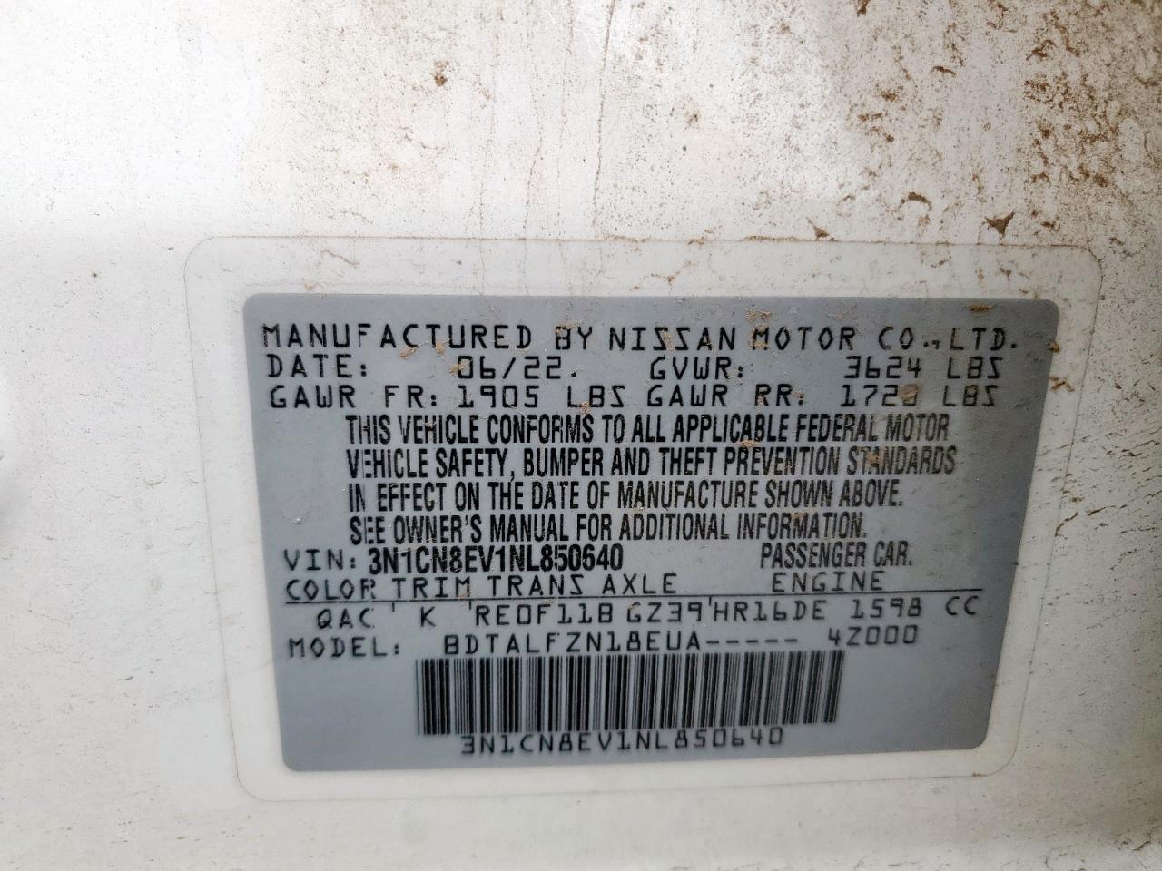 2022 Nissan Versa Sv VIN: 3N1CN8EV1NL850640 Lot: 63138555