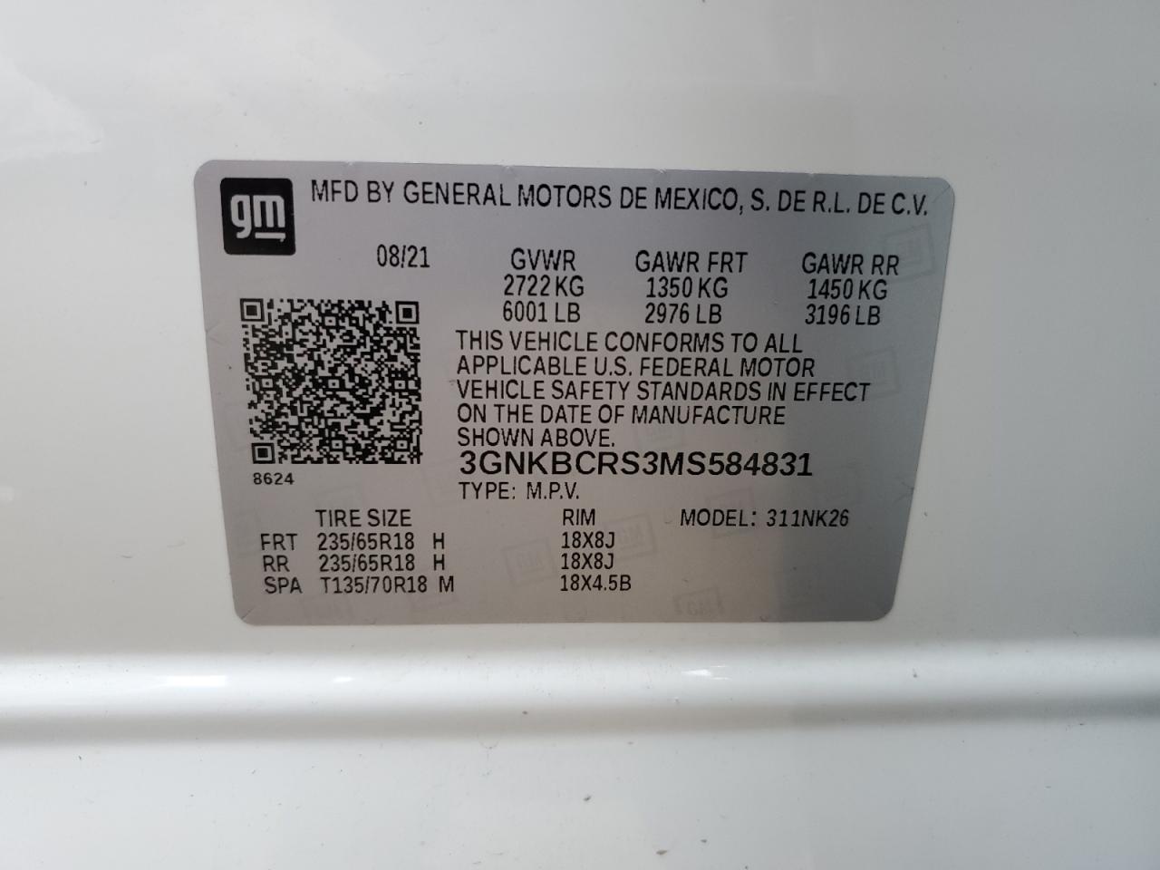 2021 Chevrolet Blazer 2Lt VIN: 3GNKBCRS3MS584831 Lot: 64996545