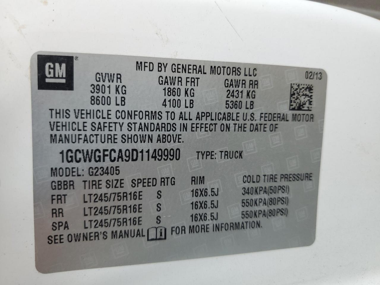 2013 Chevrolet Express G2500 VIN: 1GCWGFCA9D1149990 Lot: 65378715