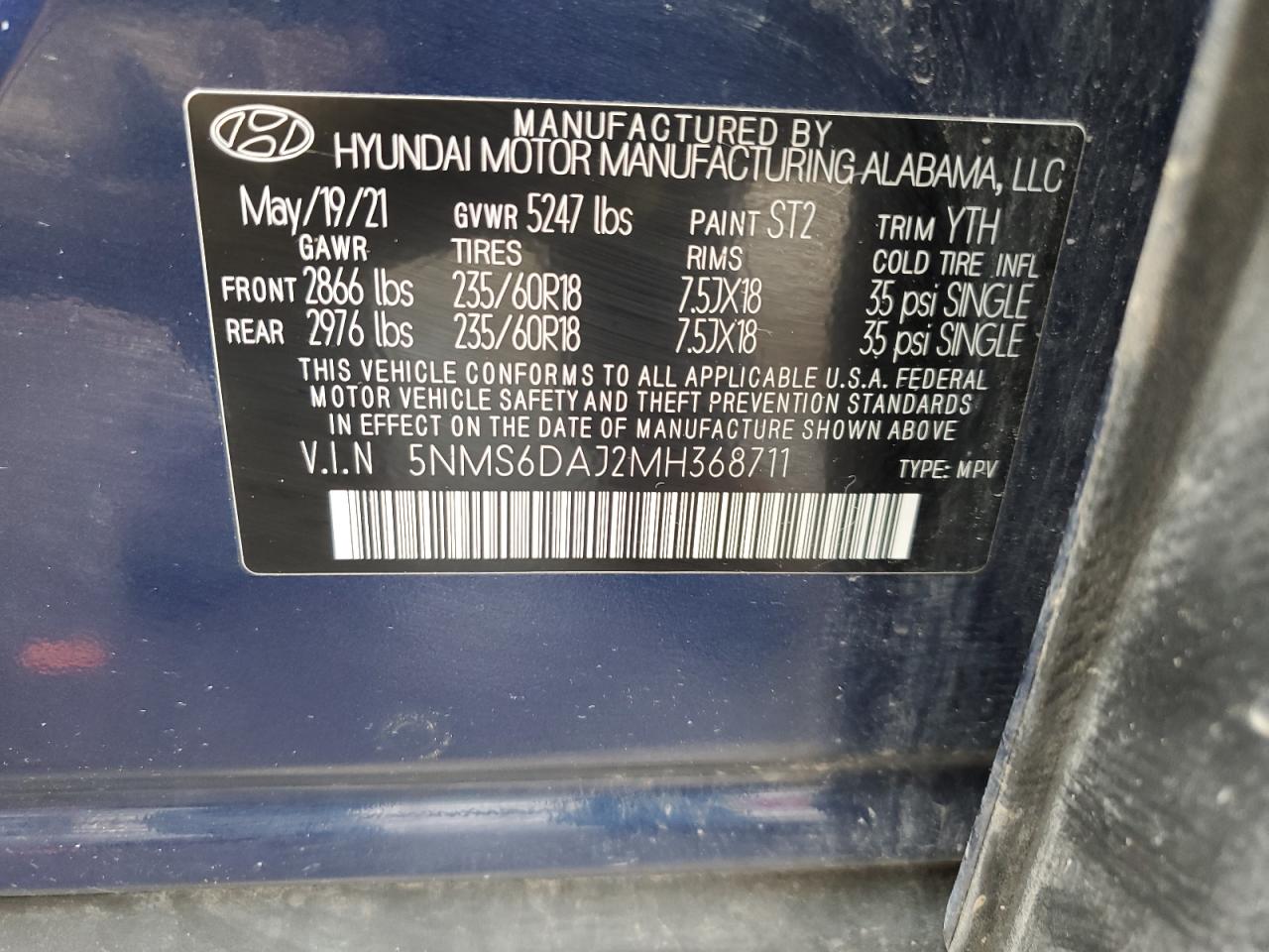 2021 Hyundai Santa Fe Sel VIN: 5NMS6DAJ2MH368711 Lot: 63812955