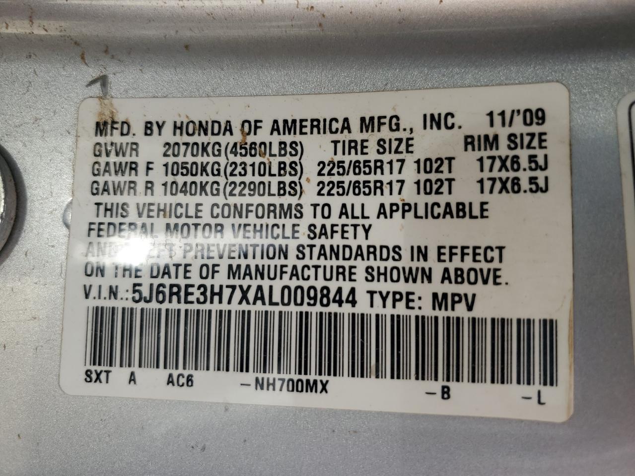 2010 Honda Cr-V Exl VIN: 5J6RE3H7XAL009844 Lot: 65951075
