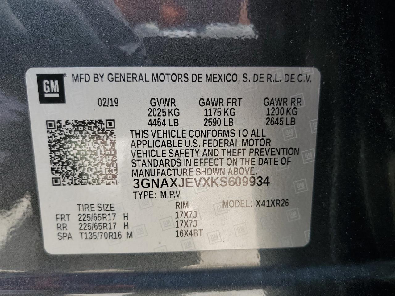 2019 Chevrolet Equinox Lt VIN: 3GNAXJEVXKS609934 Lot: 62527785