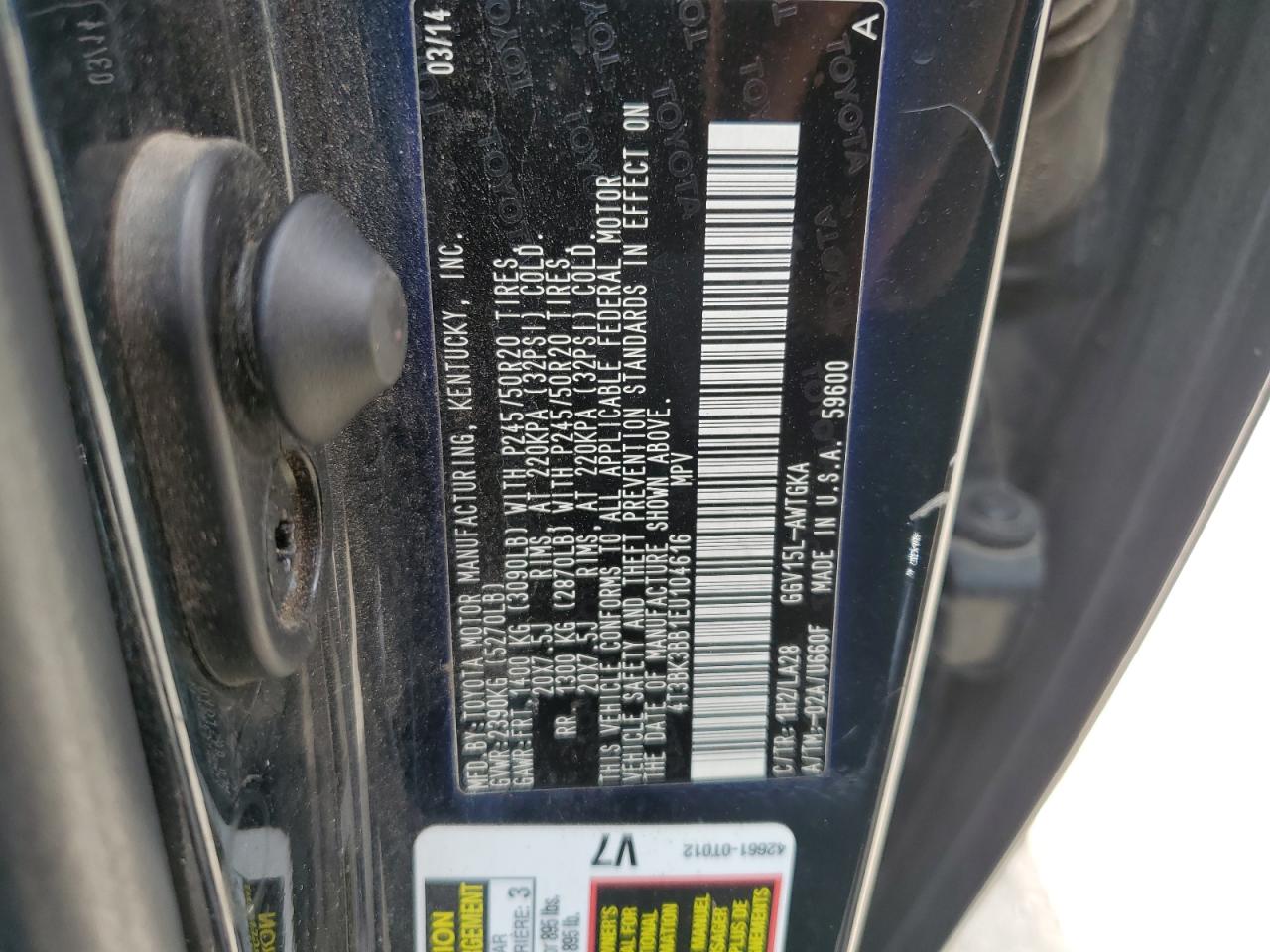2014 Toyota Venza Le VIN: 4T3BK3BB1EU104616 Lot: 63978515