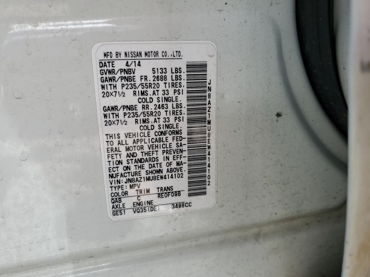 2014 Nissan Murano S VIN: JN8AZ1MU8EW414102 Lot: 63515795