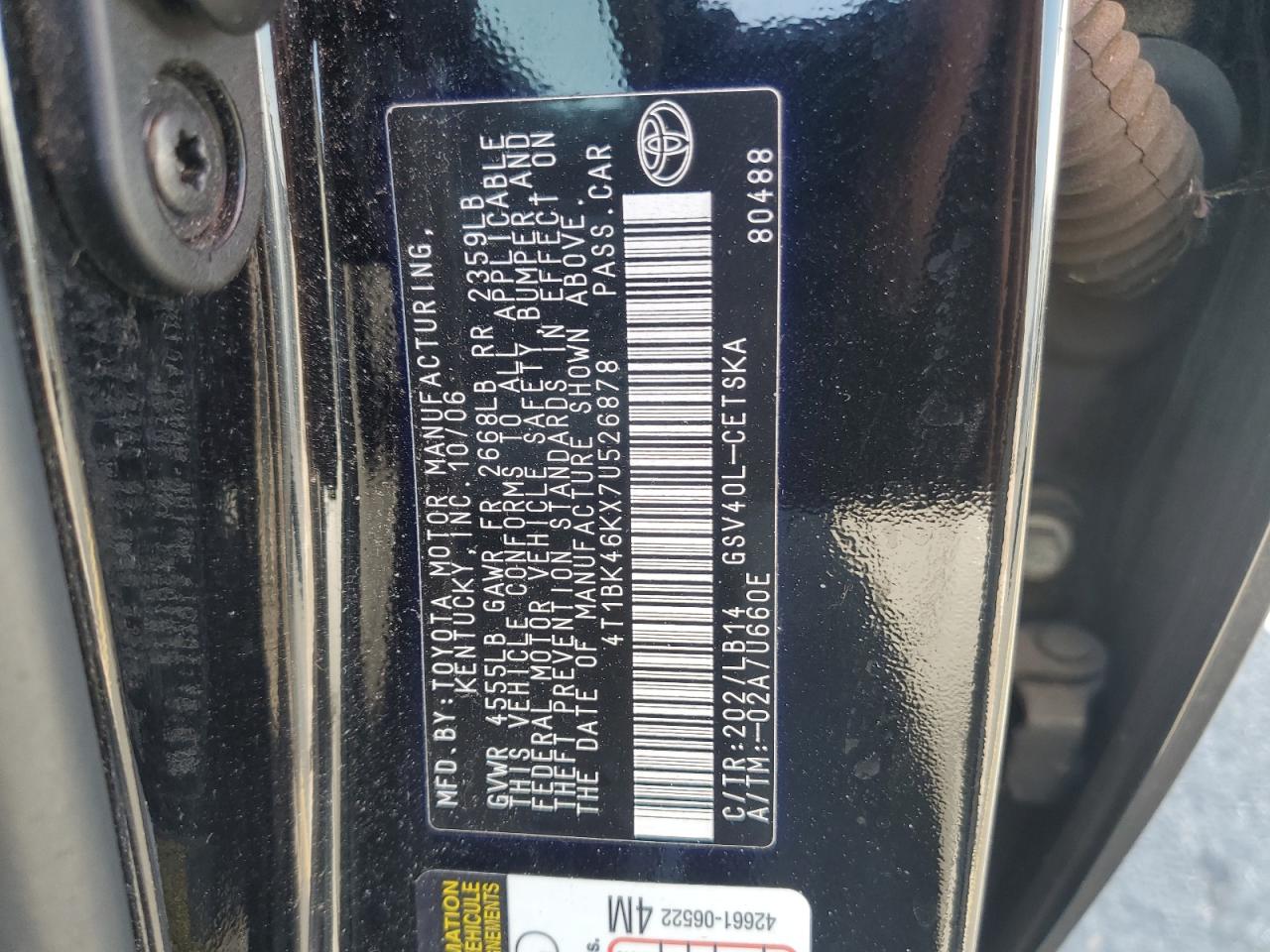 2007 Toyota Camry Le VIN: 4T1BK46KX7U526878 Lot: 66557995