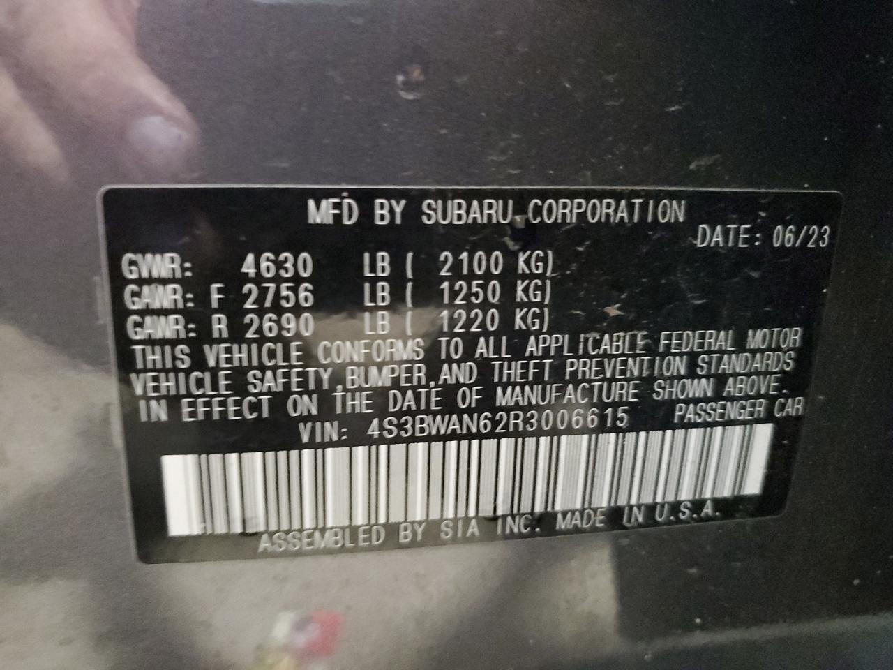 2024 Subaru Legacy Limited VIN: 4S3BWAN62R3006615 Lot: 64189855