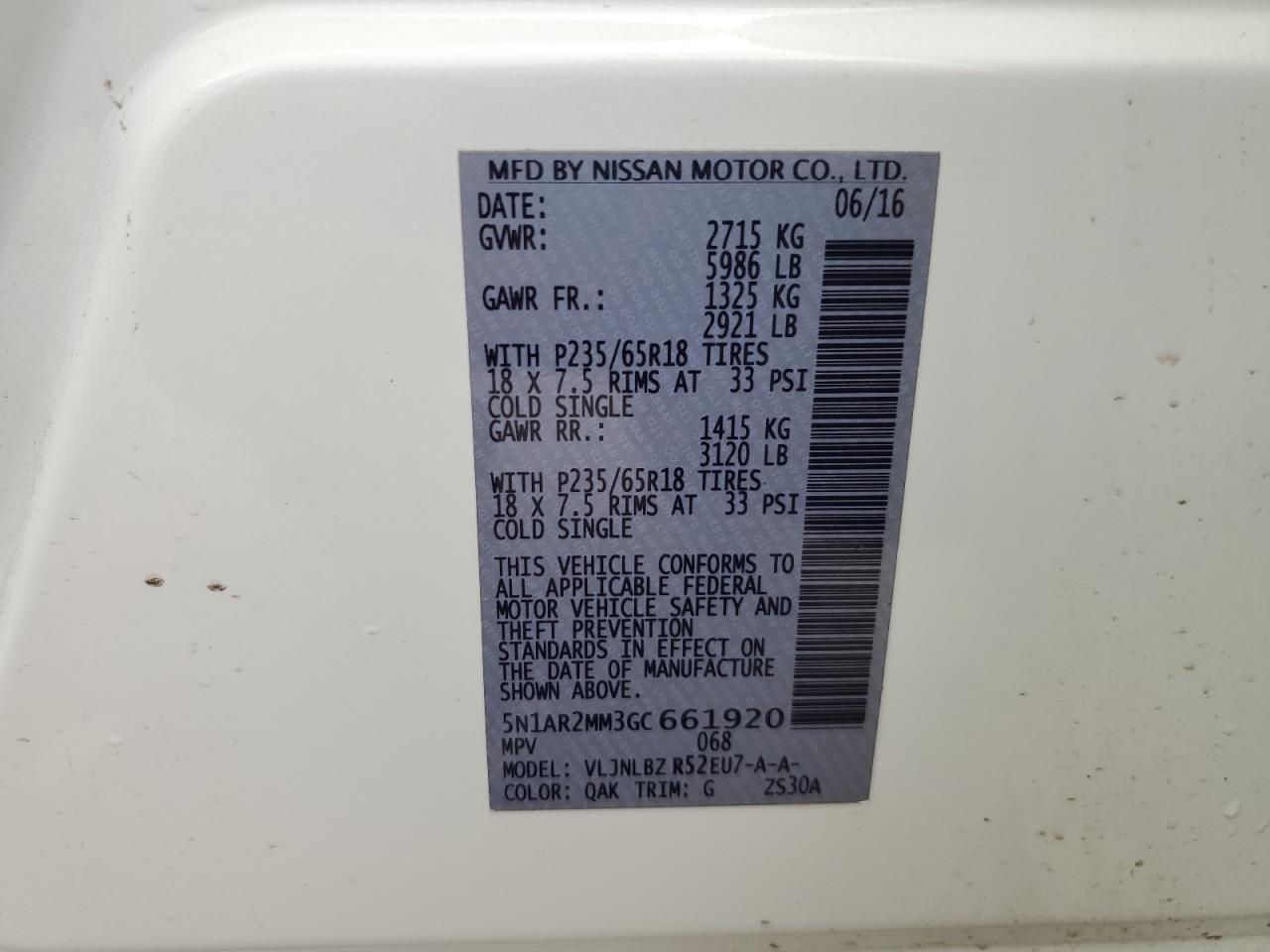 2016 Nissan Pathfinder S VIN: 5N1AR2MM3GC661920 Lot: 63074625