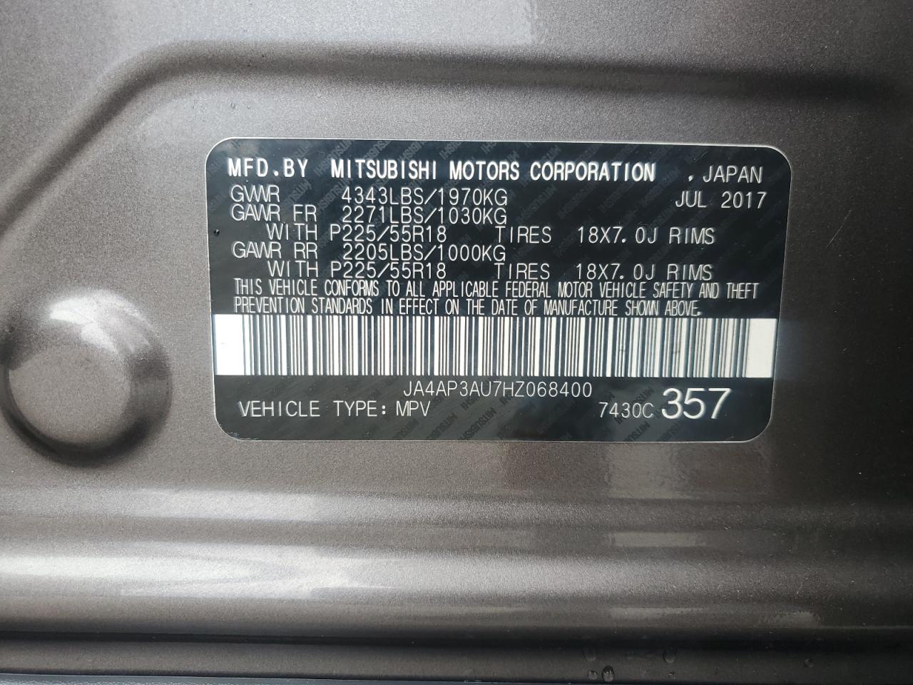 2017 Mitsubishi Outlander Sport Es VIN: JA4AP3AU7HZ068400 Lot: 64062425