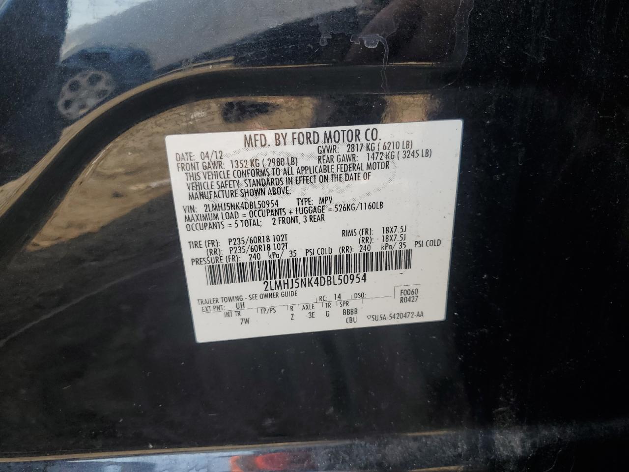 2013 Lincoln Mkt VIN: 2LMHJ5NK4DBL50954 Lot: 63747775