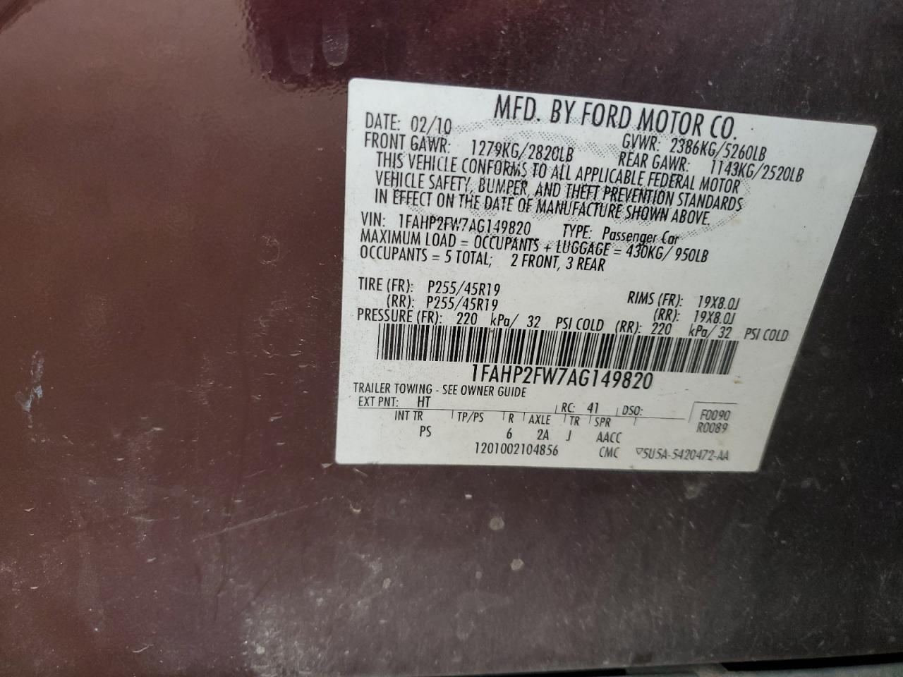 2010 Ford Taurus Limited VIN: 1FAHP2FW7AG149820 Lot: 64274705