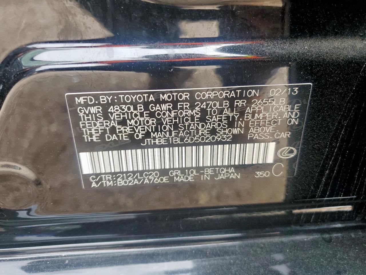 2013 Lexus Gs 350 VIN: JTHBE1BL6D5020932 Lot: 63116775