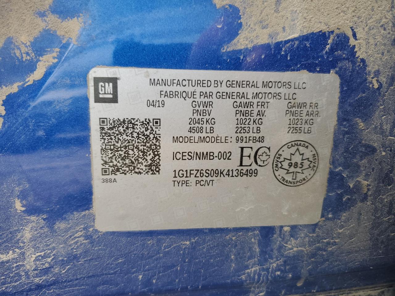 2019 Chevrolet Bolt Ev Premier VIN: 1G1FZ6S09K4136499 Lot: 64286235