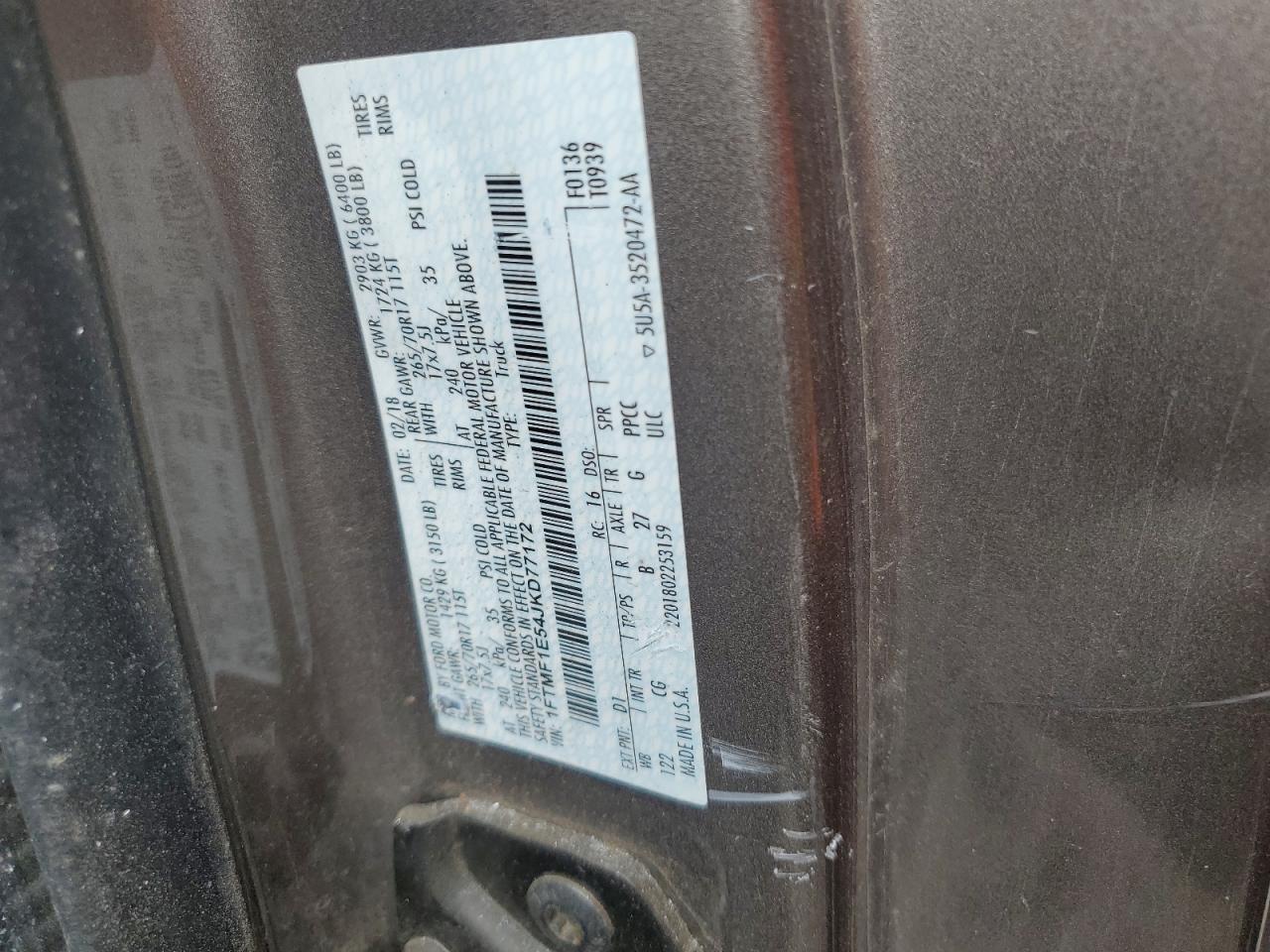 2018 Ford F150 VIN: 1FTMF1E54JKD77172 Lot: 65162505