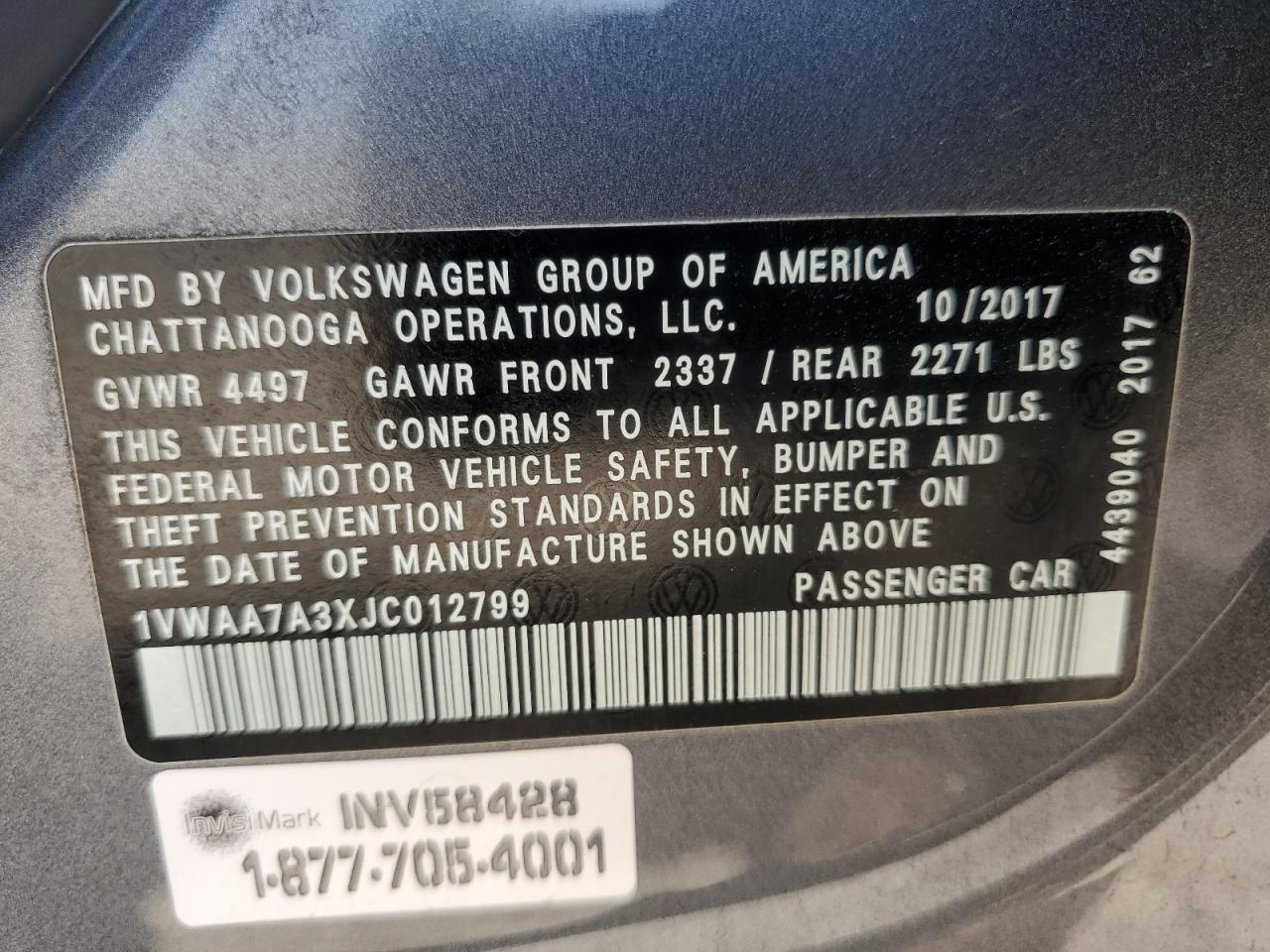 2018 Volkswagen Passat S VIN: 1VWAA7A3XJC012799 Lot: 64614735