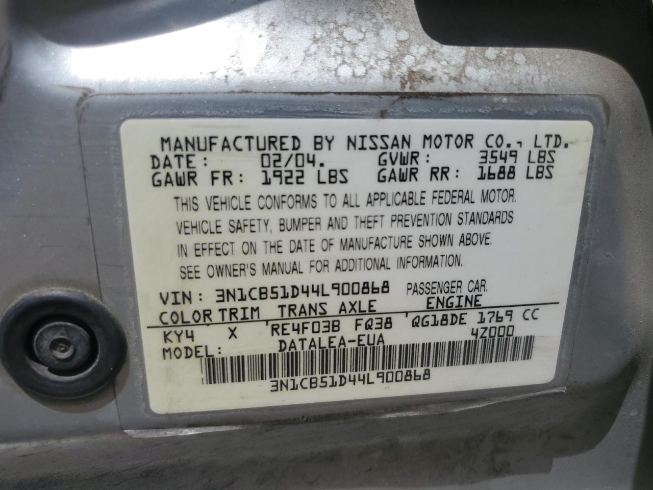 2004 Nissan Sentra 1.8 VIN: 3N1CB51D44L900868 Lot: 63111865