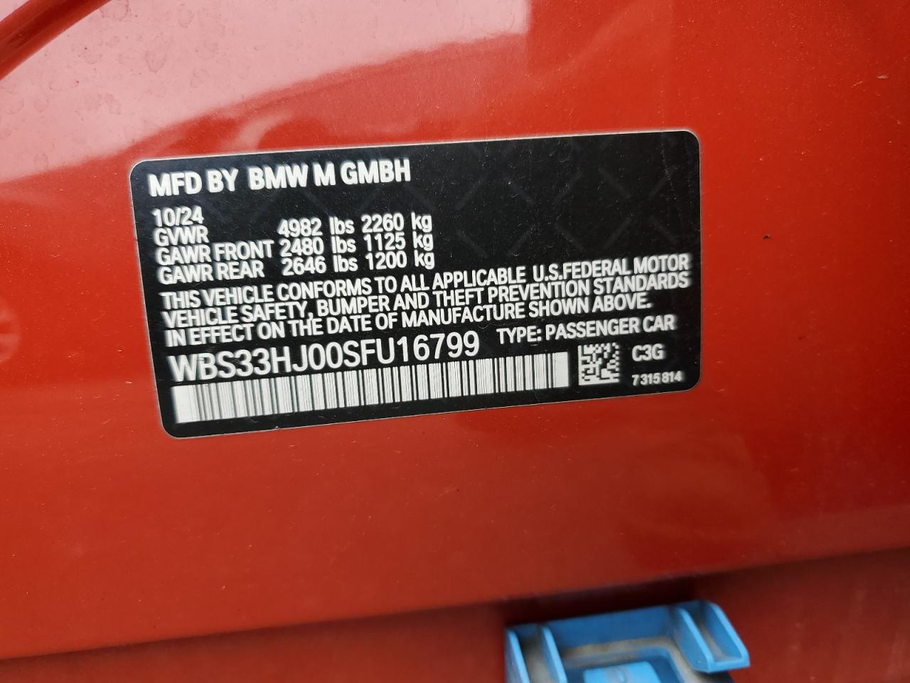 2025 BMW M3 Competition VIN: WBS33HJ00SFU16799 Lot: 64251885