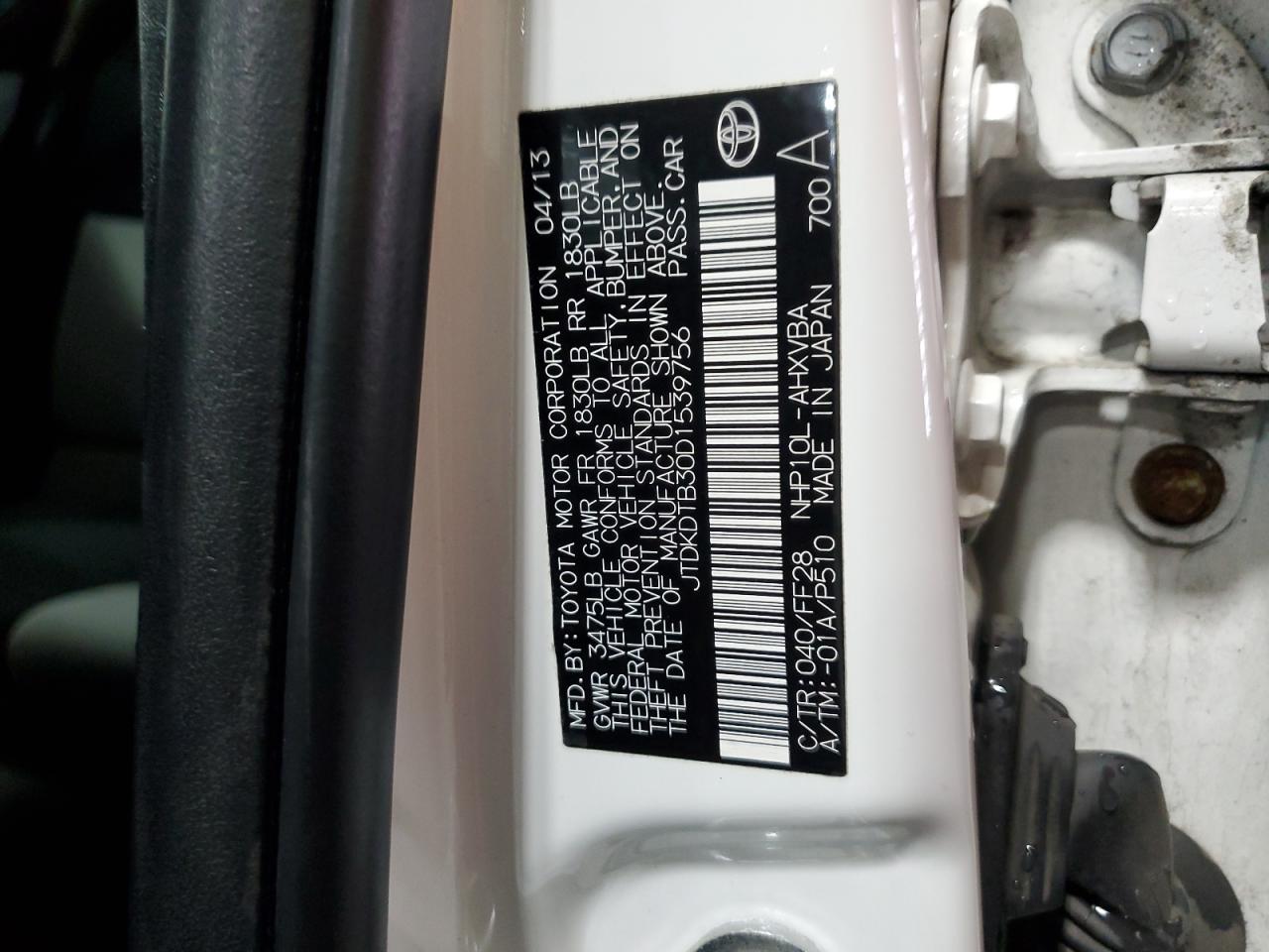 2013 Toyota Prius C VIN: JTDKDTB30D1539756 Lot: 64226265