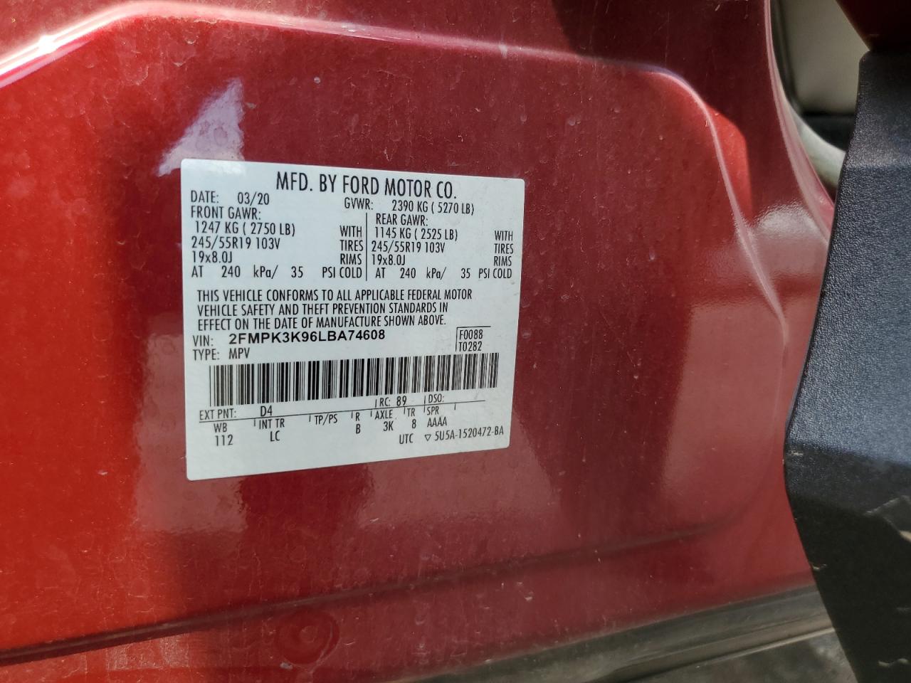 2020 Ford Edge Titanium VIN: 2FMPK3K96LBA74608 Lot: 65158785