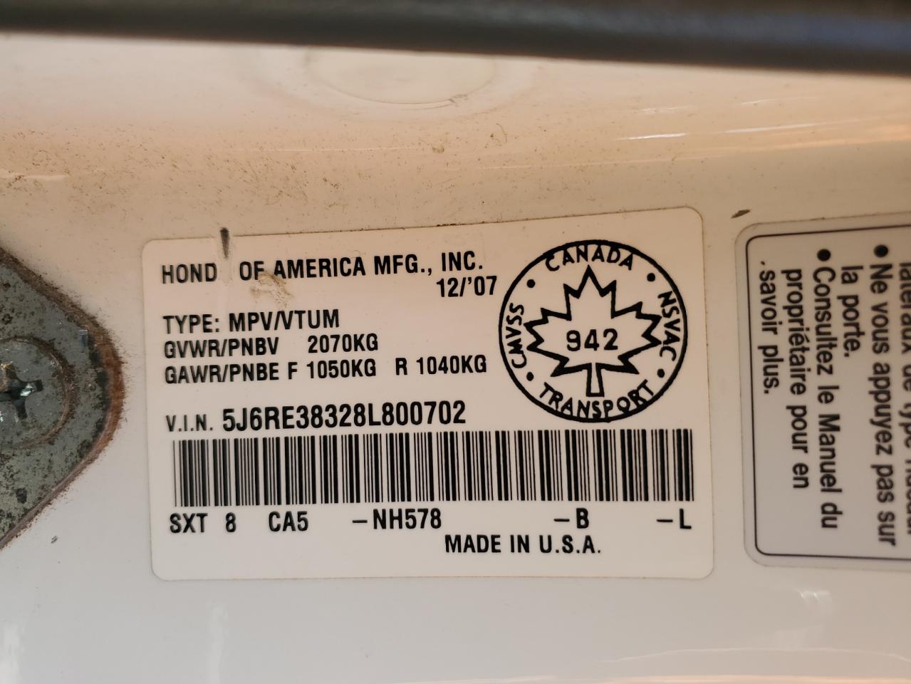 2008 Honda Cr-V Lx VIN: 5J6RE38328L800702 Lot: 64791525