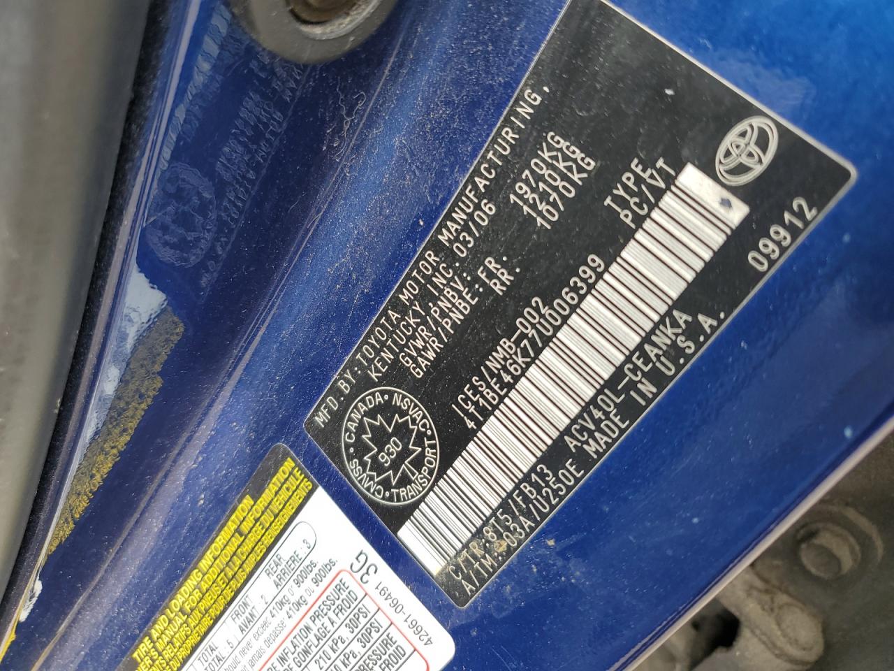 2007 Toyota Camry Ce VIN: 4T1BE46K77U006399 Lot: 63057765