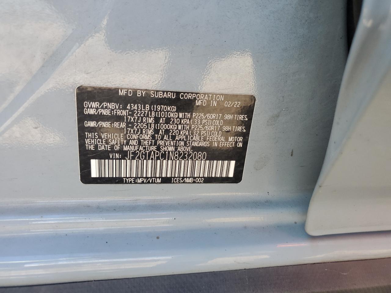 2022 Subaru Crosstrek Premium VIN: JF2GTAPC1N8232080 Lot: 62834495