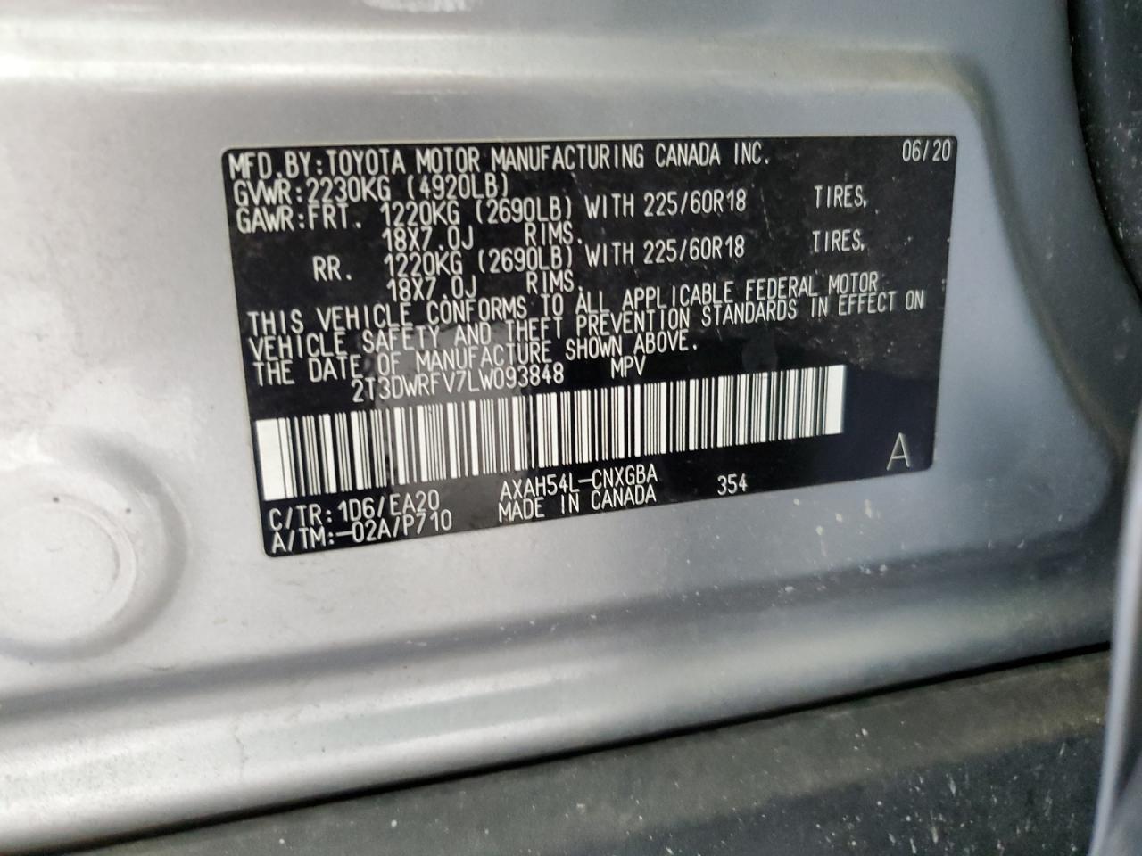 2020 Toyota Rav4 Limited VIN: 2T3DWRFV7LW093848 Lot: 65265685
