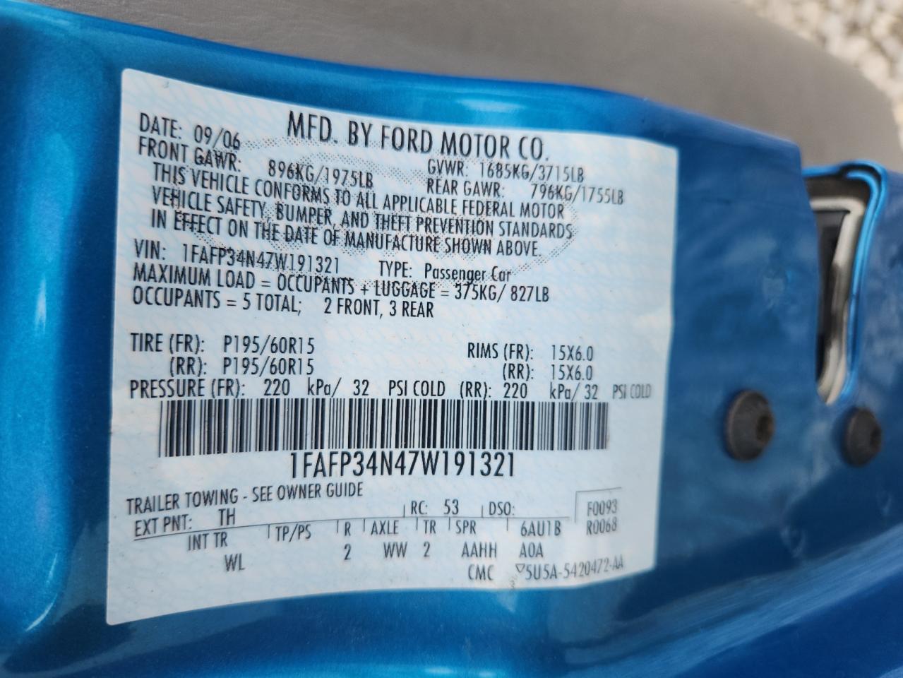 2007 Ford Focus Zx4 VIN: 1FAFP34N47W191321 Lot: 63080905